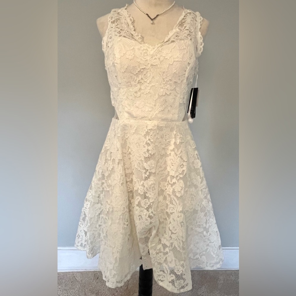 Aqua  Fit-and-Flare Sleeveless lace Dress in Ivory size 12. Fairy core